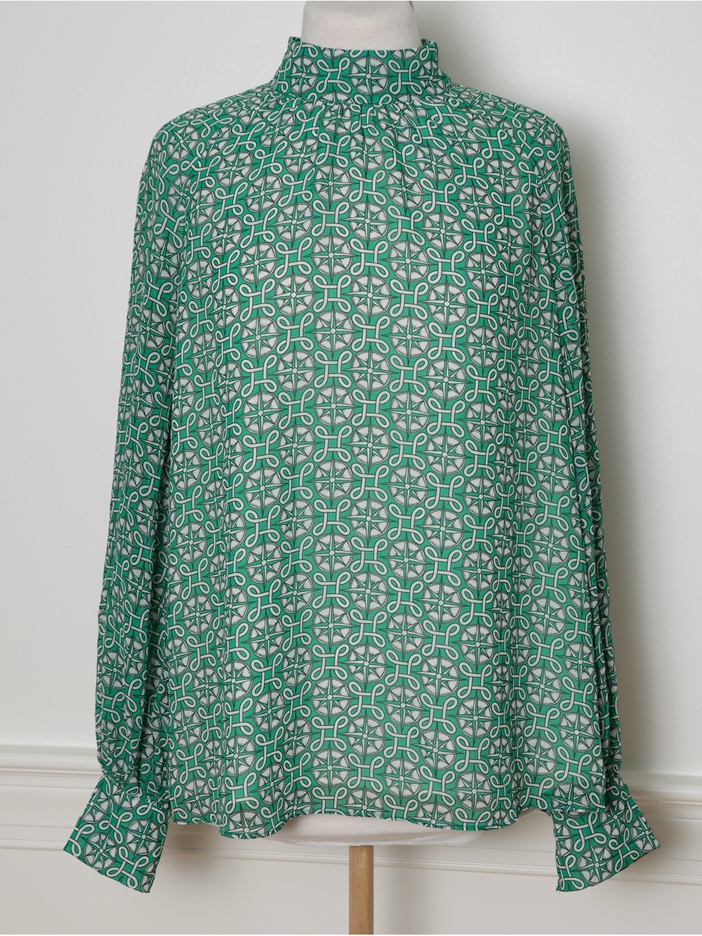 Boden Green Patterned Long Sleeve Mock Neck Chiffon Blouse Size US 14